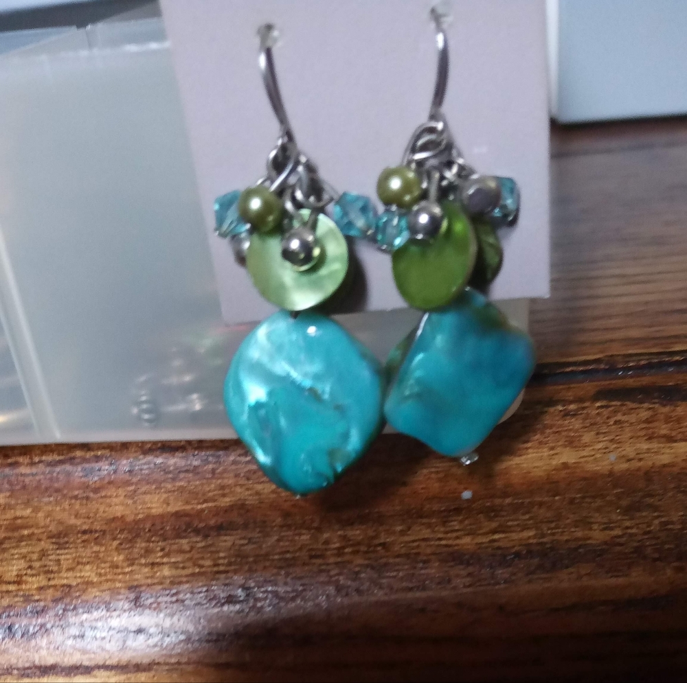 **Turquoise & Green Wire Dangle Earrings